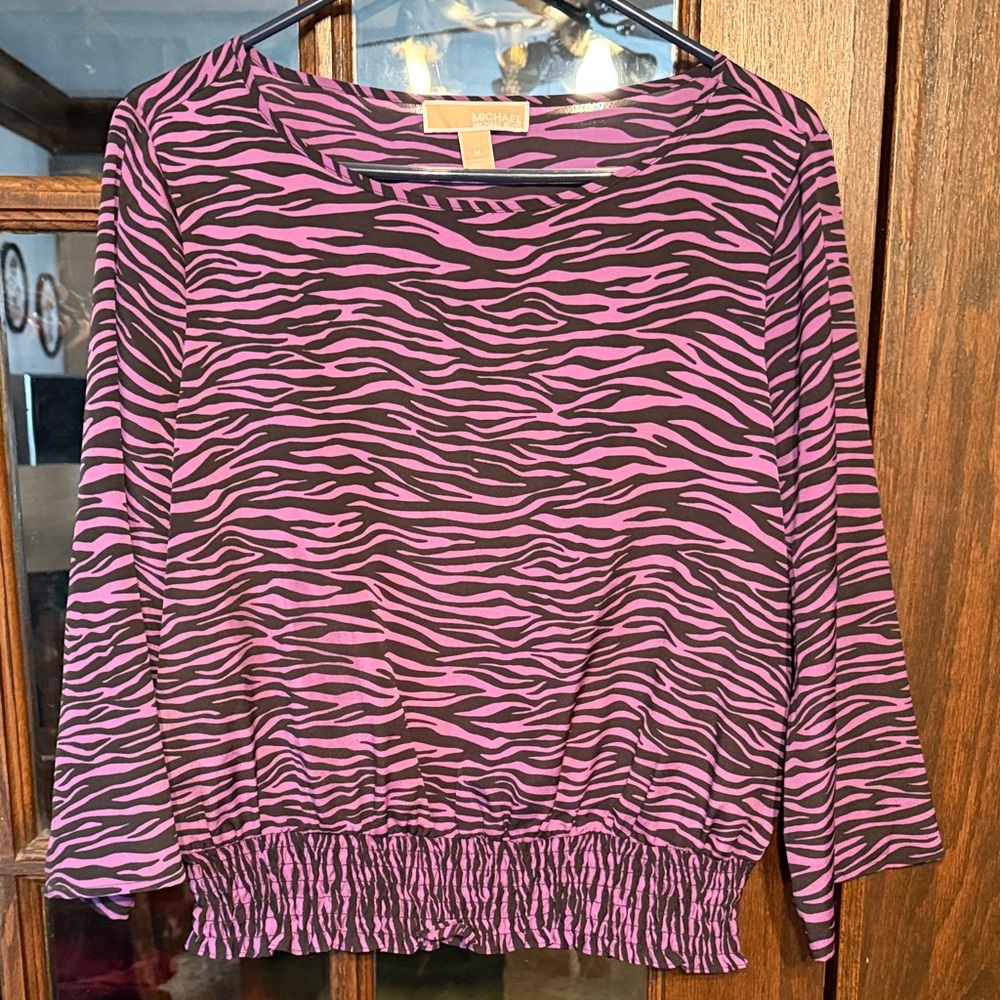 Michael Kors Womens Purple Zebra Print Smocked Hem Blouson Top Size M 3/4 Sleeve